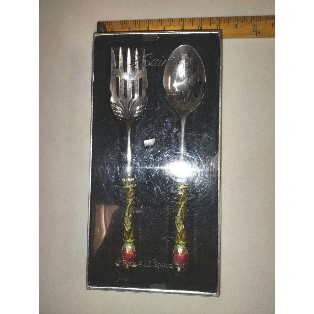 Sainish Ornate Floral Serving Set - Large Fork & Spoon - Jeweled Enamel Handles